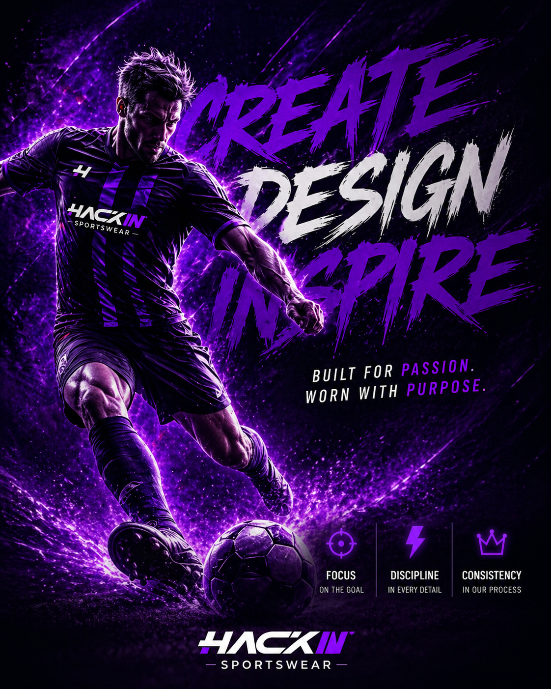 Hackin Sportswear — Create, Design, Inspire poster with player in purple kit